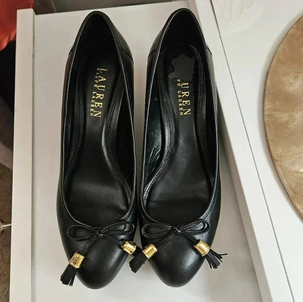 Ralph Lauren Bess Women's Black Leather Wedge Shoe Size 8.5 B